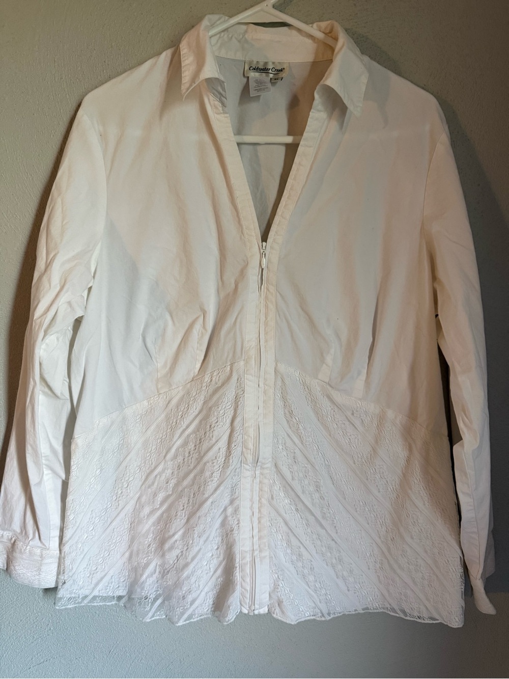 Coldwater Creek White Button-Style Shirt with Lace Trim